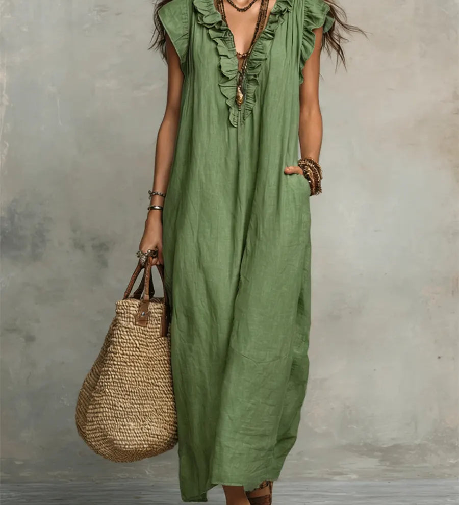 Camélia™ | Vestido longo feminino de linho e algodão com volantes
