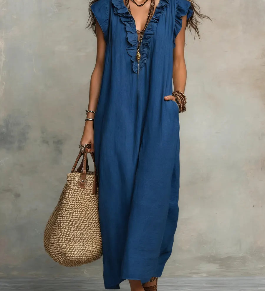 Camélia™ | Vestido longo feminino de linho e algodão com volantes