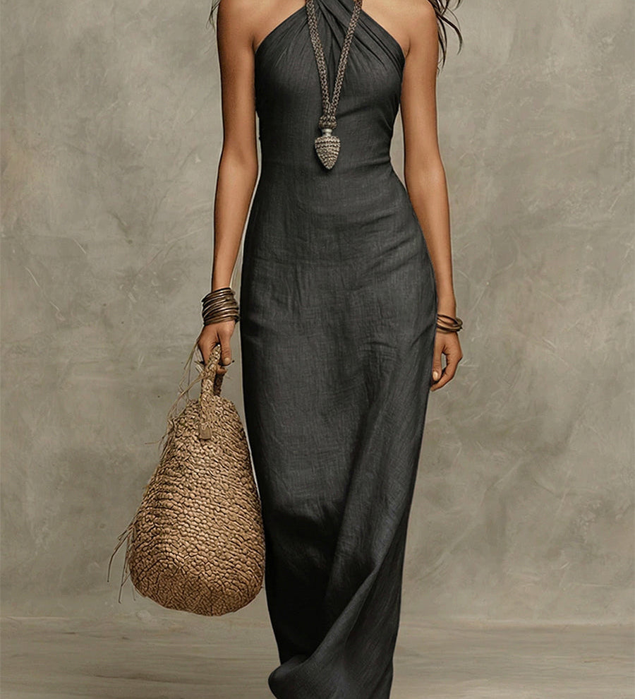 Avelina™ – Vestido longo volumoso em algodão e linho, gola americana