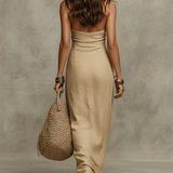 Avelina™ – Vestido longo volumoso em algodão e linho, gola americana