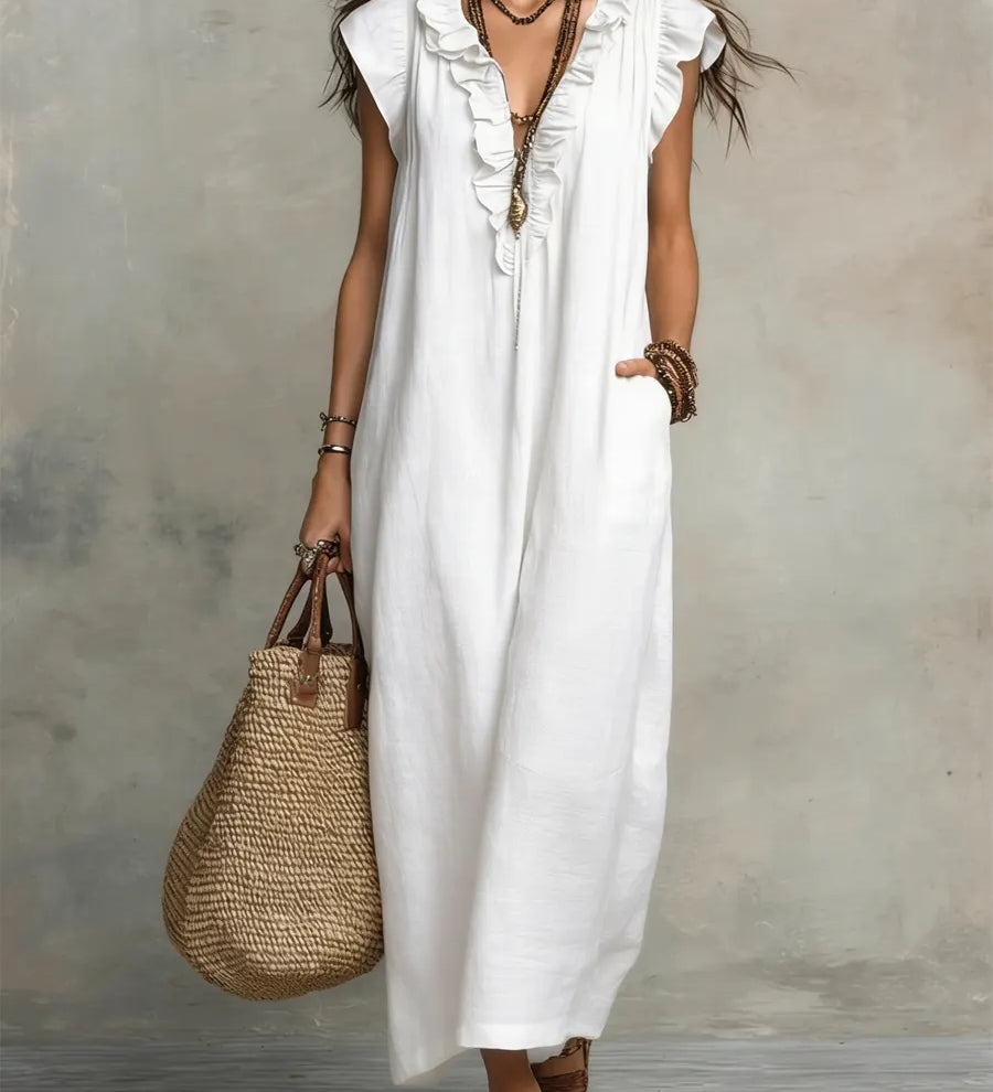 Camélia™ | Vestido longo feminino de linho e algodão com volantes